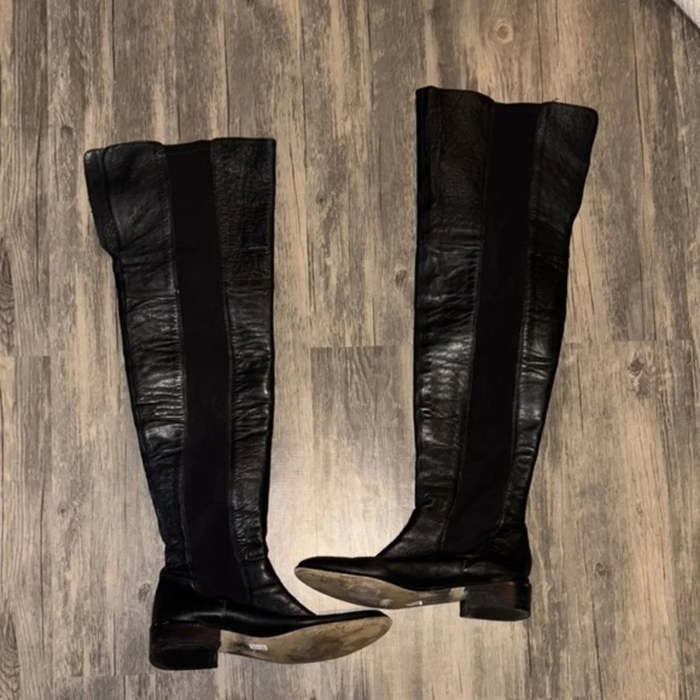 Equestrian leather riding boots - size 7.5 black leather man made soles thigh